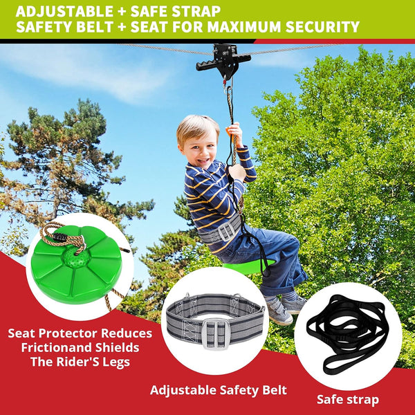 100 ft /120 ft /150 ft/180ft Zip Line Kit for Kids and Adult Up to 380 lb - Updated Removable Design Trolley and Thickened Seat, Rust Proof W/Safety Harness - Zipline Kits for Backyard 1328