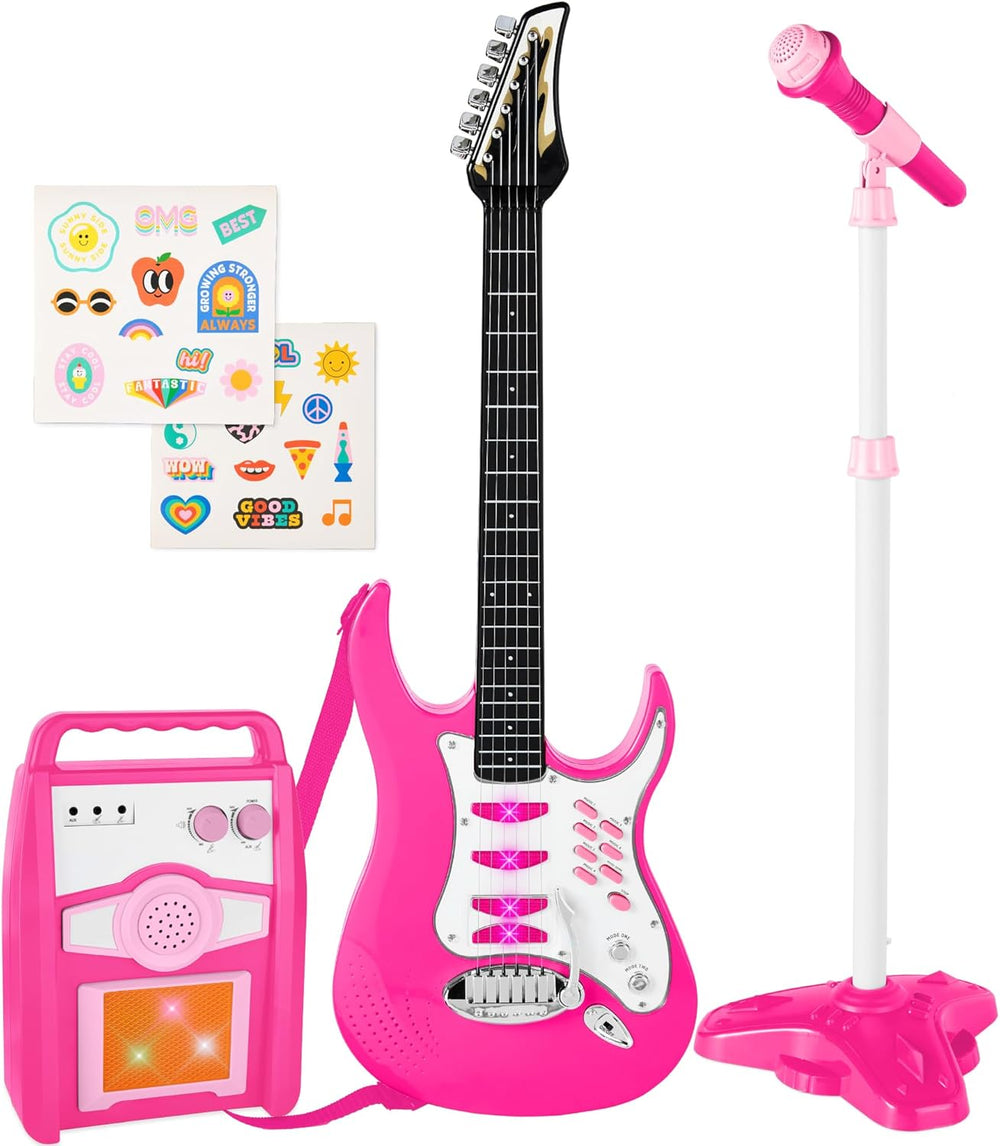 Best Choice Products Toy Kids Guitar Play Set Bundle, Pretend Play Toddler Electric Guitar Kit with Interactive Microphone, Amp, Whammy Bar, 6 Demo Songs and 2 Sticker Sheets - Pink - G11 - 1088