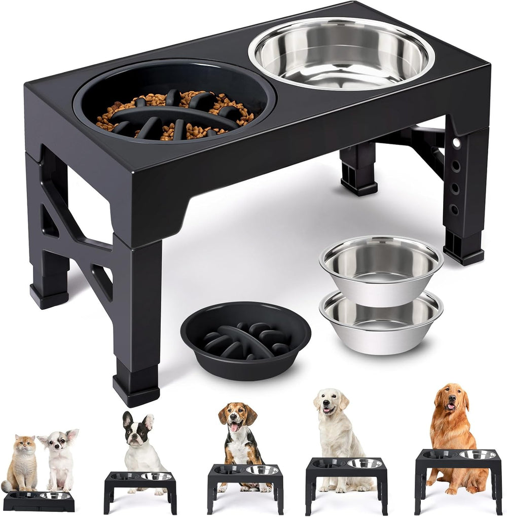Heeyoo Elevated Dog Bowls - 5 Adjustable Heights Stand, 2 Stainless Steel Bowls & 1 Slow Feeder, 3.2" to 12.2" for Small to Large Dogs -K9-1643