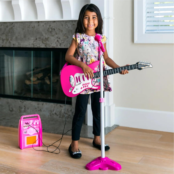 Best Choice Products Toy Kids Guitar Play Set Bundle, Pretend Play Toddler Electric Guitar Kit with Interactive Microphone, Amp, Whammy Bar, 6 Demo Songs and 2 Sticker Sheets - Pink - G11 - 1088