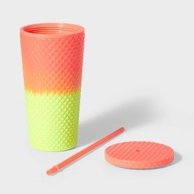 23oz Double Wall Texture Diamond Tumbler with Straw Pink/Green - Sun Squad  - F10 - 1912