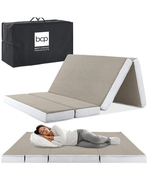 4in Thick Folding Portable Taupe Mattress Topper w/ Carry Case, Washable Cover - Tan/Beige - Queen - K70