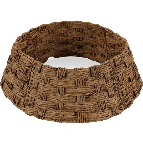 36 in. Basket Woven Hyacinth Christmas Cellulose Tree Collar, Skirt Accessory with Cord Cut-Out in Chestnut -E4-1965
