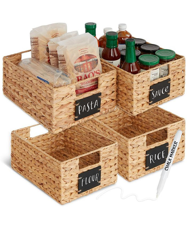 Set of 4 12in Woven Water Hyacinth Pantry Baskets w/ Chalkboard Label, Chalk Marker - Tan/Beige - 300