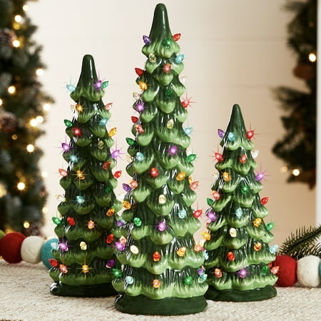 Best Choice Products Set of 3 Pre-Lit Hand-Painted Ceramic Tabletop Christmas Trees w/ Multicolor Lights - Green - E5 - 996