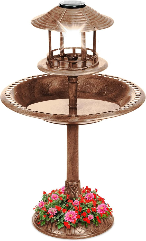 Solar Outdoor Bird Bath Vintage Resin Pedestal Fountain Decoration for Yard, Garden w/Planter Base, Feeder, Decorative Bird Cage, Fillable Stand - Bronzes- J120