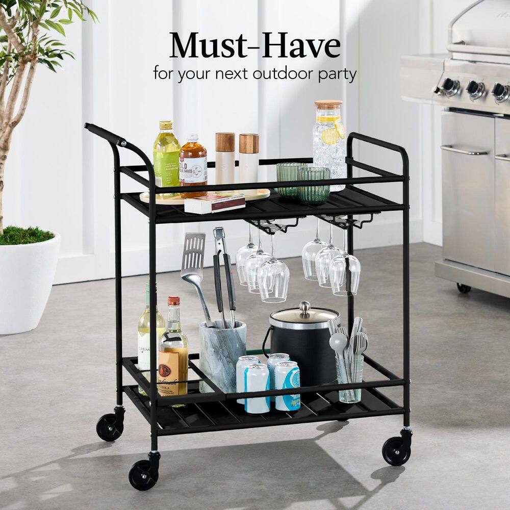 2-Tier Black Outdoor/Indoor Metal Bar Serving Cart with Storage Shelves and Lockable Wheels - G2 - 1961