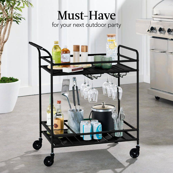 2-Tier Black Outdoor/Indoor Metal Bar Serving Cart with Storage Shelves and Lockable Wheels - G2 - 1961
