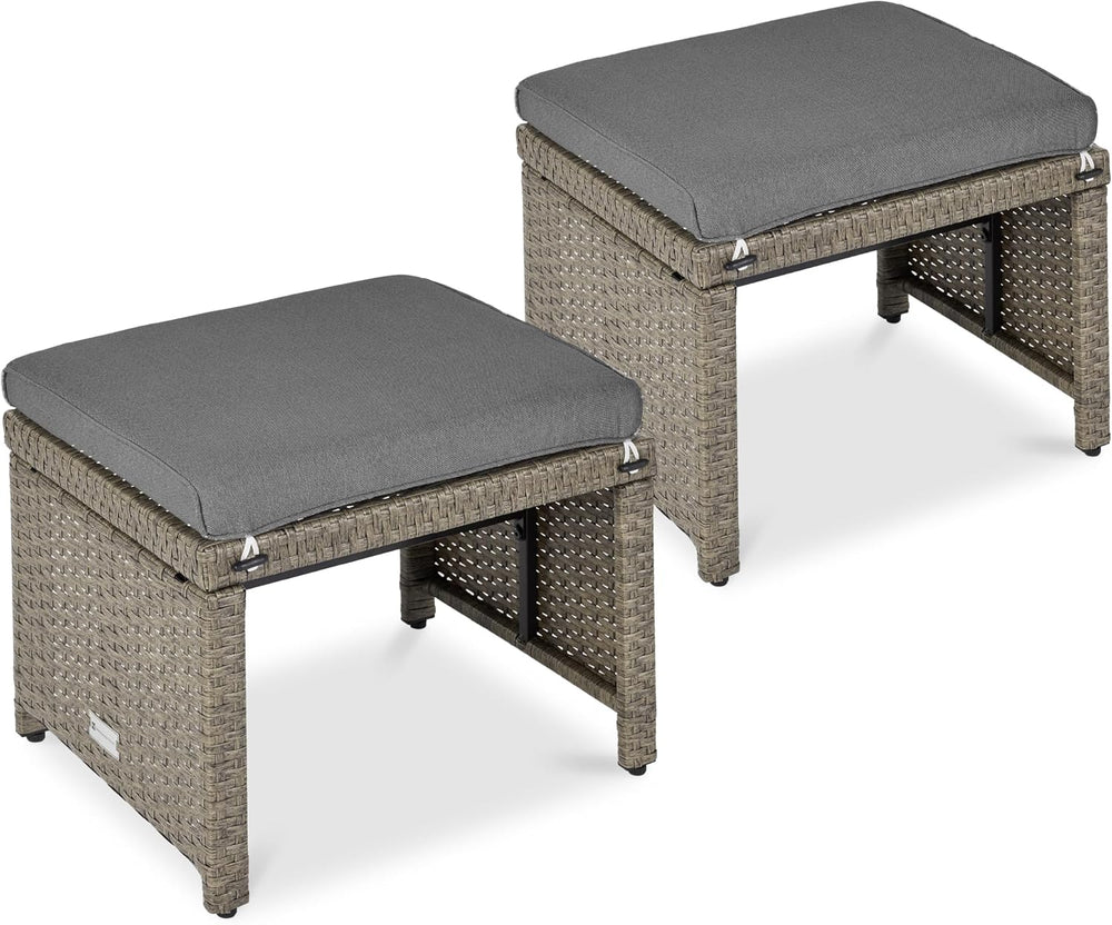 Set of 2 Wicker Ottomans w/ Cushions & Steel Frame — Cement Gray/Taupe — H102