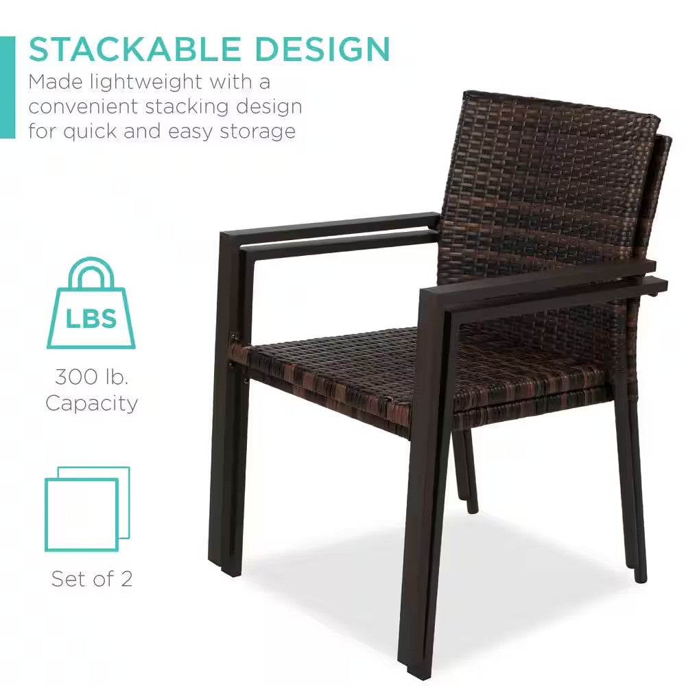 Stackable Brown Wicker Chairs with Armrests, Steel Conversation Accent Furniture for Patio (Set of 2) - D4 - 493