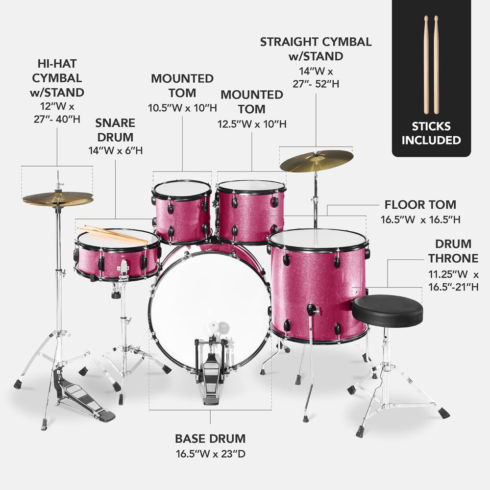 Best Choice Products 5-Piece Full Size Complete Adult Drum Set w/Cymbal Stands, Stool, Drum Pedal, Sticks, Floor Tom - Pink Sparkle - D10 - 721