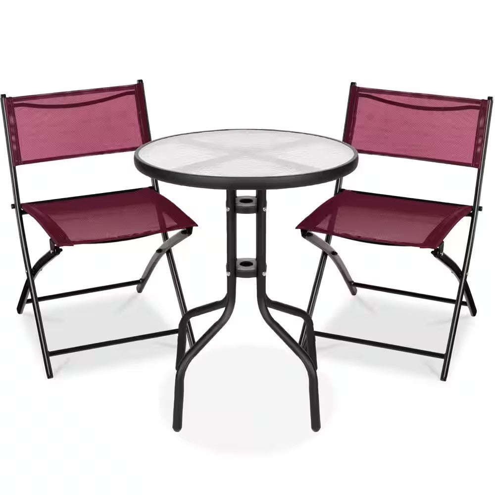 3-Pc Outdoor Patio Bistro Set w/ Glass Table — Burgundy — F115