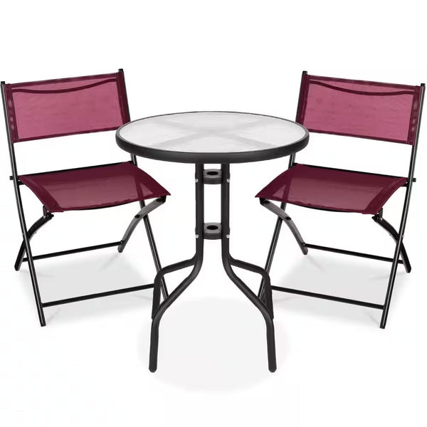 3-Pc Outdoor Patio Bistro Set w/ Glass Table — Burgundy — F115