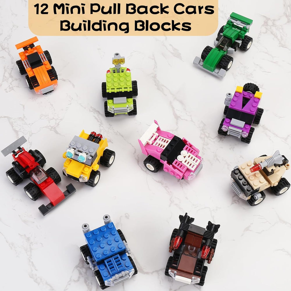 IAMGlobal 12 Mini Pull Back Cars Building Blocks Toy Set, Trucks Toy Vehicles Set Stem Toys, Party Supplies Gifts Party Favor for Kids, Goodie Bags, Birthday, Carnival Prizes 1359