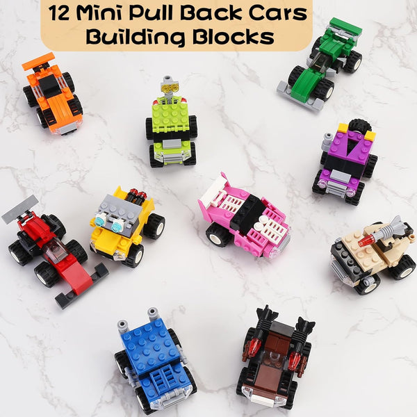 IAMGlobal 12 Mini Pull Back Cars Building Blocks Toy Set, Trucks Toy Vehicles Set Stem Toys, Party Supplies Gifts Party Favor for Kids, Goodie Bags, Birthday, Carnival Prizes 1359