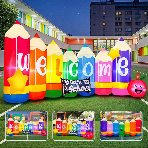 9FT Graduation Kindergarten and Back to School Inflatable Decoration with Built-in LED Lights   Blow-Up Colored Pencils Design for First Day of School Party Decor for Outdoor, Garden, Yard Lawn 1332