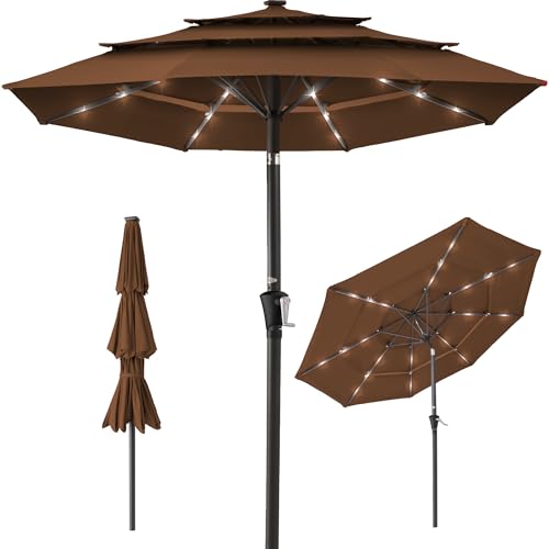 Best Choice Products 10ft 3-Tier Solar Patio Umbrella W/ 24 LED Lights Tilt Adjustment Easy Crank - Brown - 1623