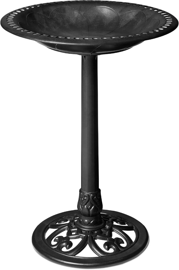 28in Pedestal Bird Bath, Vintage Outdoor Resin Accent Decoration w/Fleur-de-Lis Accents - Black - J196