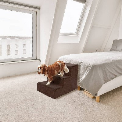 Precious Tails Faux Shearling High Density Foam Top Wide 3-Step Pet Stairs - Brown - E12 - 284