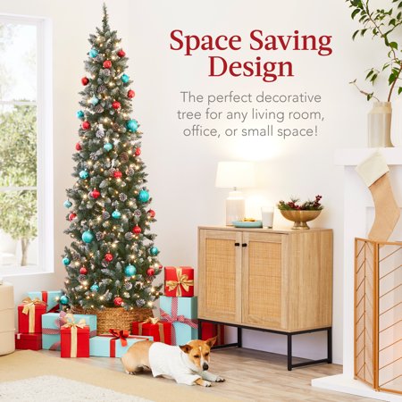 Best Choice Products 6ft Pre-Lit Partially Flocked Pencil Christmas Tree w/ 250 Lights, Pine Cones, Foldable Stand - B5 - 467