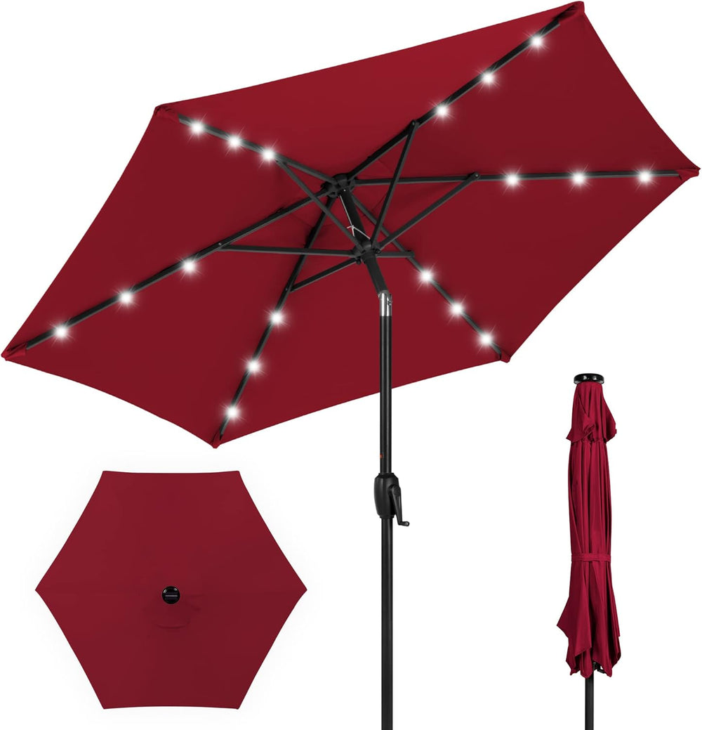 Best Choice Products 7.5ft Solar Umbrella LED Lighted Patio Umbrella, Table Market Umbrella with Tilt and Crank, Outdoor Umbrella for Garden, Deck, Backyard, Pool and Beach - Burgundy - L4 - 377