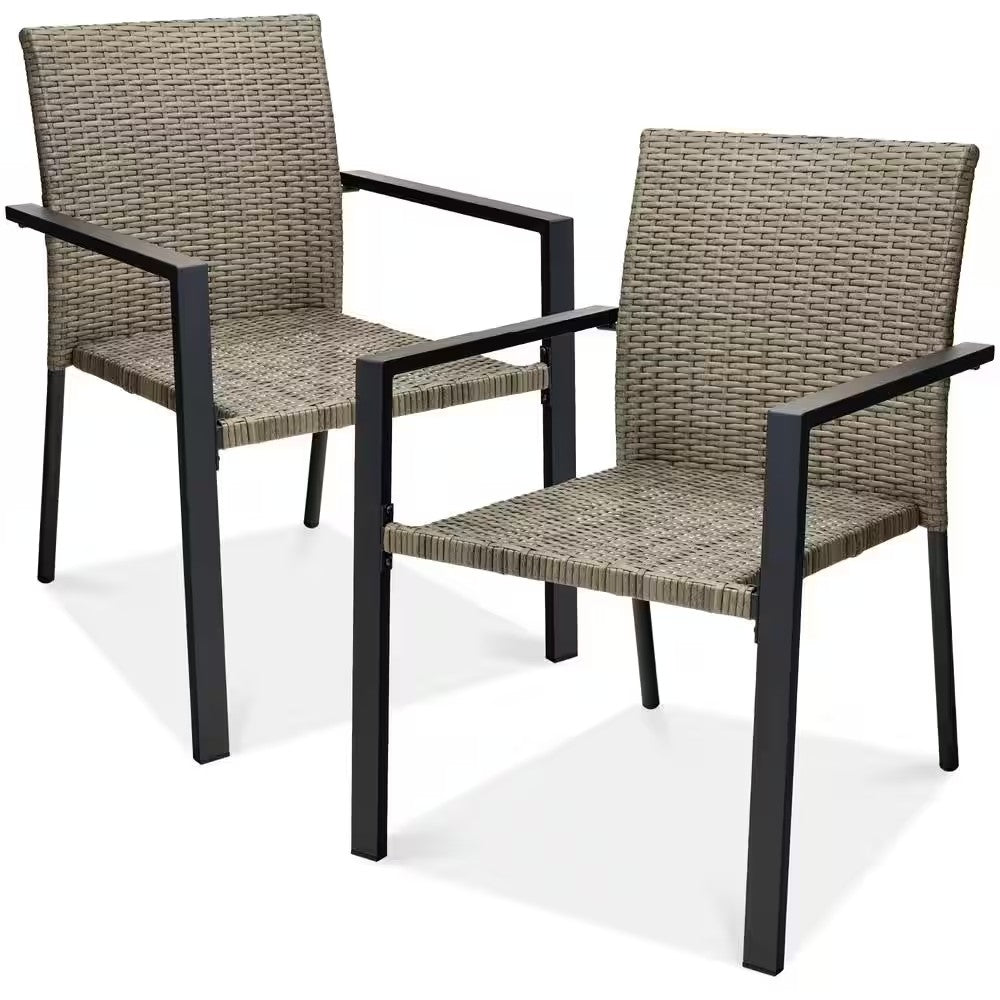 Set of 2 Taupe Wicker Chairs with Armrests, Stackable Outdoor Dining Furniture for Patio - 314