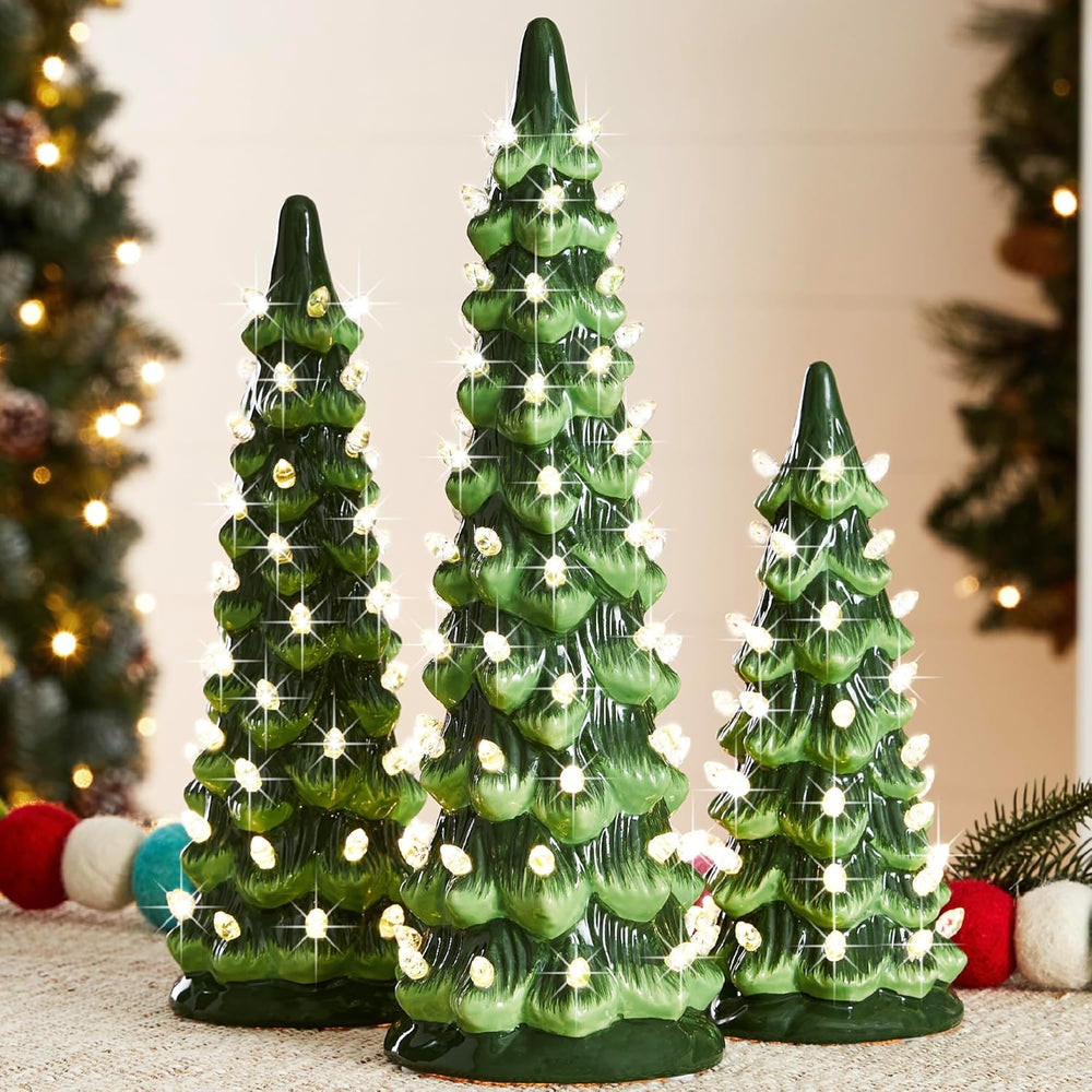 Set of 3 Ceramic Christmas Trees, Pre-Lit Hand-Painted Tabletop Holiday Decoration w/Warm White Bulbs LED Lights   Green 734