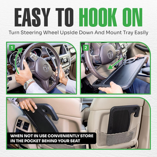 Steering Wheel Desk Tray for Eating, Laptops - Hooks Onto Most Vehicle Steering Wheels, Road Trip Accessory, Car Table -F5-1712