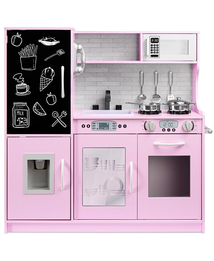 Best Choice Products Pretend Play Kitchen Wooden Toy Set for Kids w/ Telephone, Utensils, Oven, Microwave - Pink -G3-1949