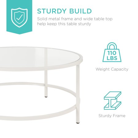 Best Choice Products 36in Round Tempered Glass Coffee Table for Home, Living Room, Dining Room - White - A7 - 465