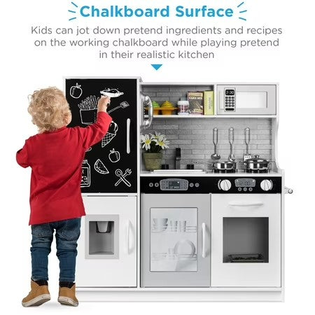 Best Choice Products Pretend Play Kitchen Wooden Toy Set for Kids w/ Telephone, Utensils, Oven, Microwave - White -G3-1960
