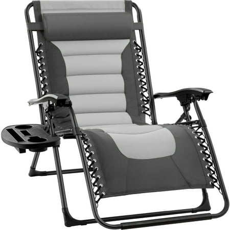 Oversized Padded Zero Gravity Gray/Light Gray Metal Reclining Outdoor Lawn Chair with Side Tray M96