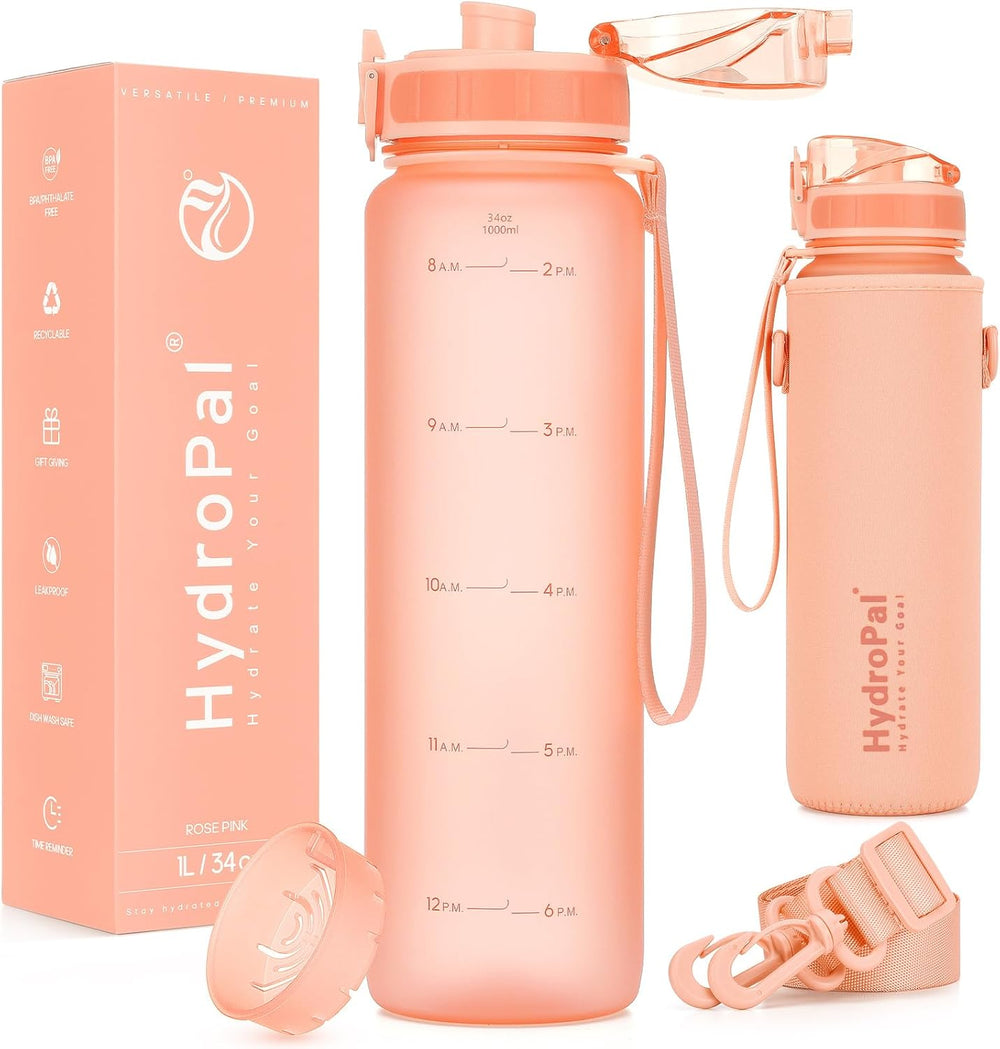 Unistar Water Bottle with Time Marker -Large 34 oz Tritan Bottle & No Sweat Sleeve -Leak Proof Gym Sports Bottle with Fruit Infuser Strainer & Carrying Strap - Gift Package for Christmas - J75