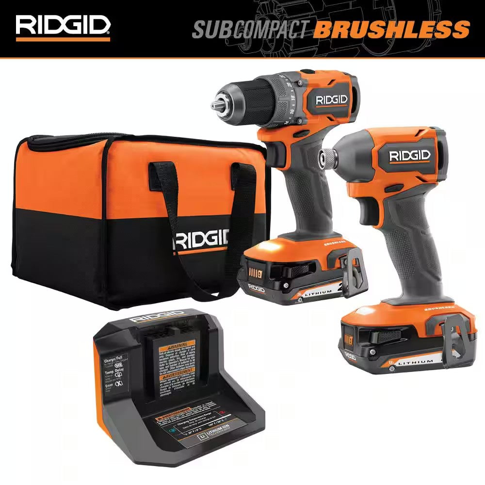 RIDGID 18V SubCompact Brushless 2-Tool Combo Kit with Drill/Driver, Impact Driver, (2) 2.0 Ah Batteries, Charger, and Tool Bag - K131 - Tested and working