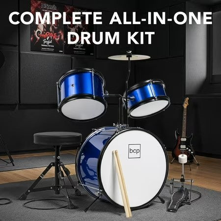 Best Choice Products Kids Beginner 3-Piece Drum, Musical Instrument Set w/ Sticks, Cushioned Stool, Drum Pedal - Blue - F9 - 1046