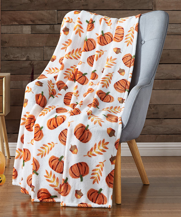 White & Orange Harvest Pumpkins Flannel Throw -E8-0059