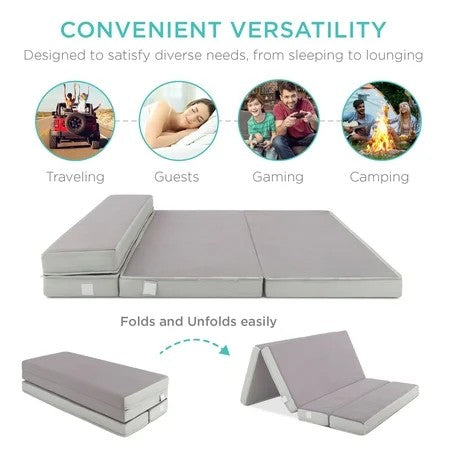 Best Choice Products 4in Thick Folding Portable Queen Tri-Fold Mattress w/ Carry Case, Washable Cover - Gray 1771