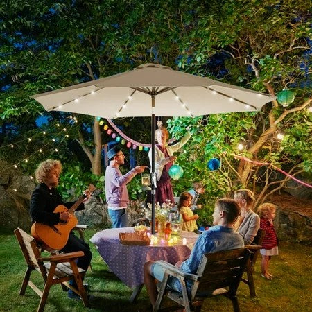 Sun-Ray 9 FT 32 LED Patio Solar Umbrella w/ Push Button Tilt and Crank Outdoor Umbrella Taupe 1754