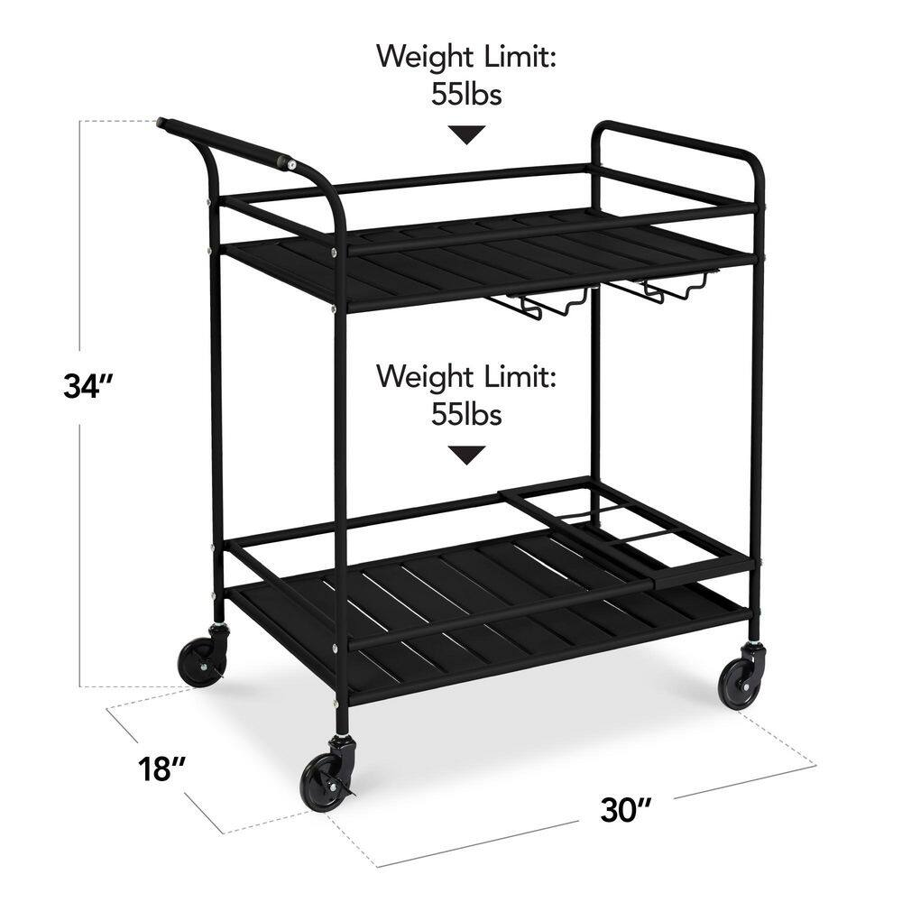2-Tier Black Outdoor/Indoor Metal Bar Serving Cart with Storage Shelves and Lockable Wheels - G2 - 1961