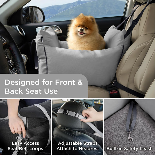 Lesure Small Dog Car Seat for Small Dogs - Soft Dog Booster Seat for Car with Storage Pocket and Clip-On Safety Leash and Thickened Memory Foam Filling, Pet Carseat Travel Carrier Bed, Grey - J12 - 628