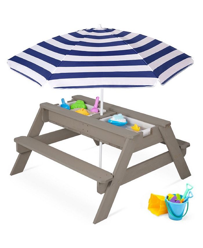 Best Choice Products Kids 3-in-1 Outdoor Convertible Activity Sand & Water Picnic Table w/ Umbrella - Gray - H6 - 100