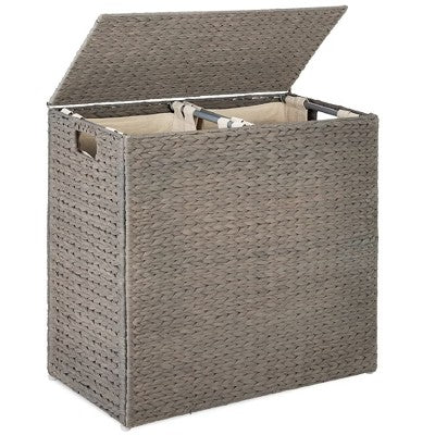 Best Choice Products Large Natural Water Hyacinth Double Laundry Hamper Basket w/ 2 Liner Bags, Handles - Gray - A6 - 463 -M10-0048