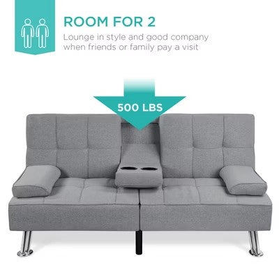 Best Choice Products Modern Linen Convertible Futon Sofa Bed w/ Removable Armrests, Metal Legs, Cupholders - Gray - H7 - 113