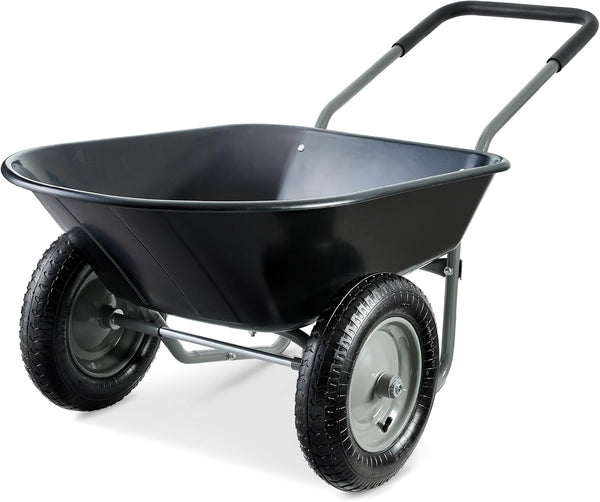 Best Choice Products Dual-Wheel Home Utility Yard Wheelbarrow Garden Cart w/Built-in Stand for Lawn, Gardening, Construction - Black 1484
