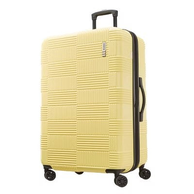 American Tourister NXT Hardside Large Checked Spinner Suitcase - Yellow: 8-Wheel Durable ABS 315