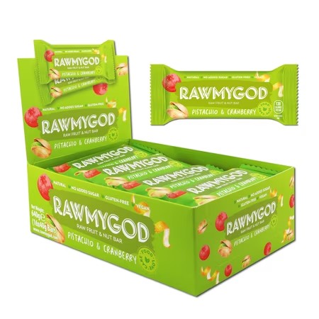 RAWMYGOD Raw Fruit and Nut Bar Pistachio & Cranberry, Gluten Free, Vegan, No Added Sugar, 16 Pack, 130 Calories per Bar