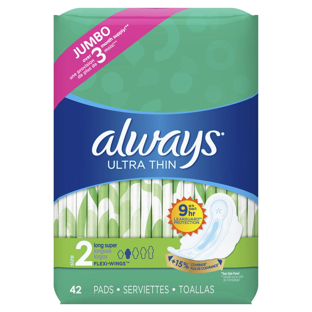 Always Long Absorbency Unscented Ultra Thin Pads with Wings - Size 2 - 42ct - 650