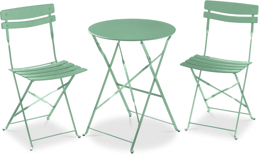 3-Piece Bistro Set, Space Saving Folding Design, Solid Steel, Outdoor Patio Furniture Set w/ 2 Chairs, Bistro Table - Sage - K99