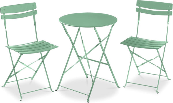 3-Piece Bistro Set, Space Saving Folding Design, Solid Steel, Outdoor Patio Furniture Set w/ 2 Chairs, Bistro Table - Sage - K99