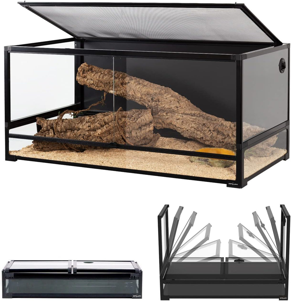 REPTI ZOO Collapsible 120 Gallon Reptile Tank, Tempered Glass Large Reptile Terrarium 48"x24"x24", Black PVC Back, Front & Top Ventilation & Anti Escape Lid, Easy Folding - H10 - 222